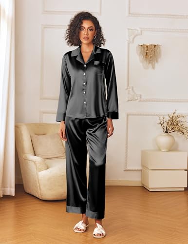 Image of Ekouaer Womens Silk Satin Pajama Sets 2 Piece Sleepwear Pjs Set Long Sleeve Button Down Top and Pants Stripe Loungewear S-XXL