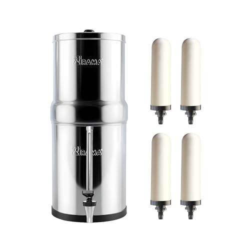 Image of RAMA Gravity Water Filter | 17L Total Capacity (8L Storage) | 304 Stainless Steel Purifier for Home | Includes 4 Spirit 7 inch Ceramic Candles & 7 inch Vision Tap | 10-Year Manufacturer Warranty