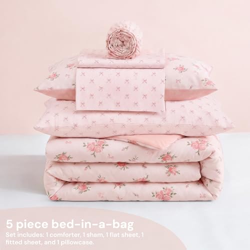 Image of BLOOMHAVEN Twin XL Comforter Set for Girls, 5 Pieces Rose Flower Bedding Set with Pink Bow, All Seasons Kids Dorm Bed in a Bag with Sheets, Pillowcase & Sham