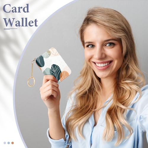 Image of Credit Card Holder RFID Wallet for Women, Small Leather Card Organizer Case with Zipper and Keychain, Boho Leaf