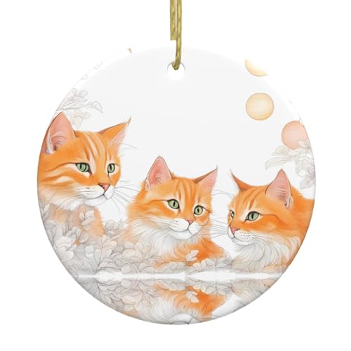 WHJWZY Colgante redondo de cerámica de Navidad para decoración festiva y regalos de gatos naranjas