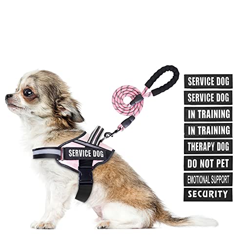Service Dog Vest Harness and Leash Set, Animire in Training Dog Harness with 10 Dog Patches, Reflective Dog Leash with Soft Padded Handle for Small, Medium, Large, and Extra-Large Dogs (Pink,XS)