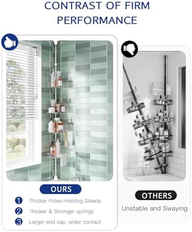 SEIRIONE Rustproof Shower Caddy Corner and Shower Organizer Corner for Bathroom,Corner Shower Caddy Tension Pole with 4 Adjustable Baskets for Shower Accessories, 34 to 116 Inch Height, Silver