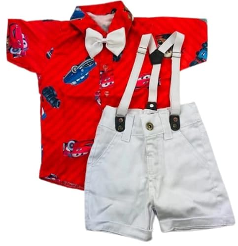 Carros McQueen Kit Roupa Conjunto Infantil Menino 4 Peças Camisa Gravata Bermuda e Suspensório Anive