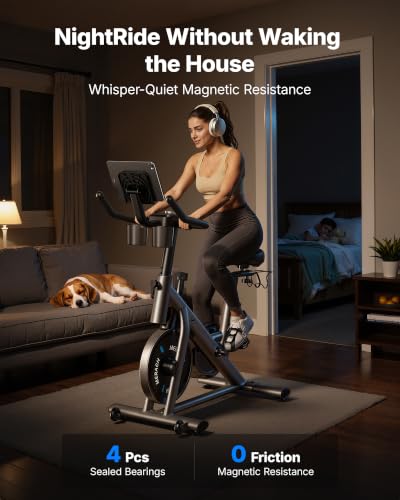 Image of MERACH Exercise Bike, Magnetic Friction Stationary Bike with Brake Pad and Exclusive App, Low Noise Indoor Cycling Bike with 300lbs Weight Capacity, Tablet Mount and Fitness Courses for Weight Loss