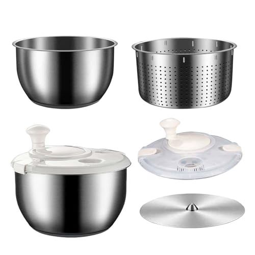 Bexdug Centrifugador de ensalada | Lavadora de verduras de acero inoxidable, 6L de mano, giratoria, grande, giratoria, lavadora de frutas multifuncional con drenaje para cocina, camping