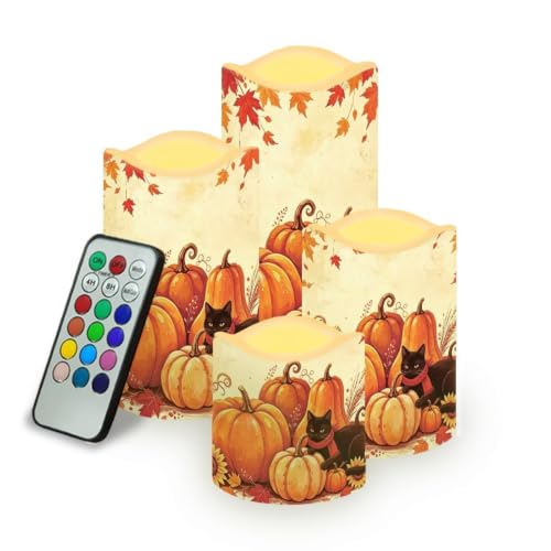 Image of Fall Black Cat Battery Operated Candles Set of 4 | Thanksgiving Day Battery Operated LED Pillar Candles, Flickering Flame, Multi‑Color Changing, Home Decor for Living Room