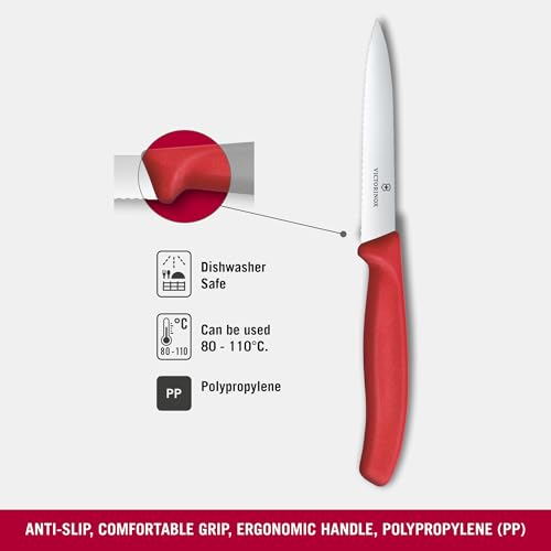 Image of Victorinox Swiss Made Stainless Steel Swiss Classic Paring Knife, 10 cm, Serrated Edge with Pointed Tip, Professional and Household Kitchen Tools, Kitchen Items, Red, 6.7731.C1 | Multipurpose Knife