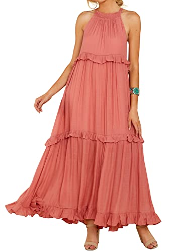 R.Vivimos Womens Summer Sleeveless Halter Flowy Maxi Dress, Pink, Medium
