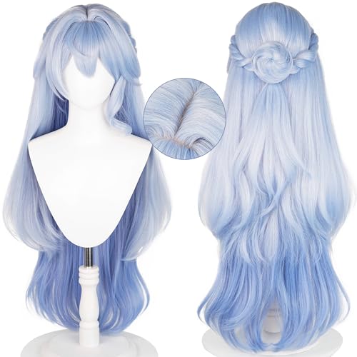 Image of Anime Blue Long Wave Wigs with Bangs&Braid&Bun Women Half Up Half Down wigs Robin-Bird Style cosplay wig Halloween,Christmas,Comic con