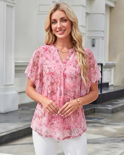 Image of Timeson Women's Short Sleeve V Neck Blouses Shirts Floral Double Layers Mesh Tunics Tops
