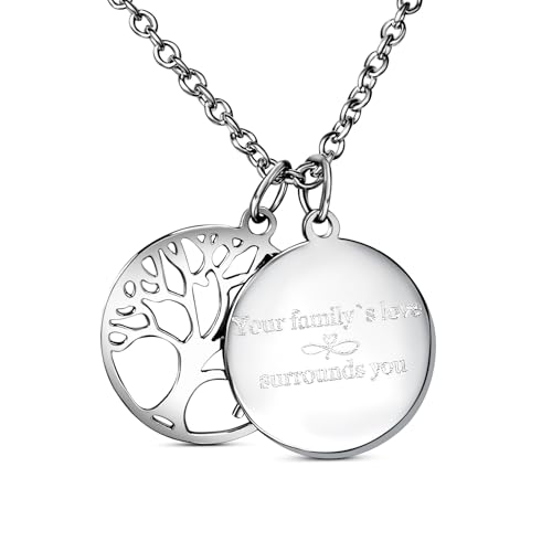 Hanessa Personalisierte Kette mit Gravur Edelstahl 50 cm mit Anhänger Lebensbaum rund in silber - Personalisierte Halskette für Männer und Frauen - Personalisierter Schmuck Damen Herren
