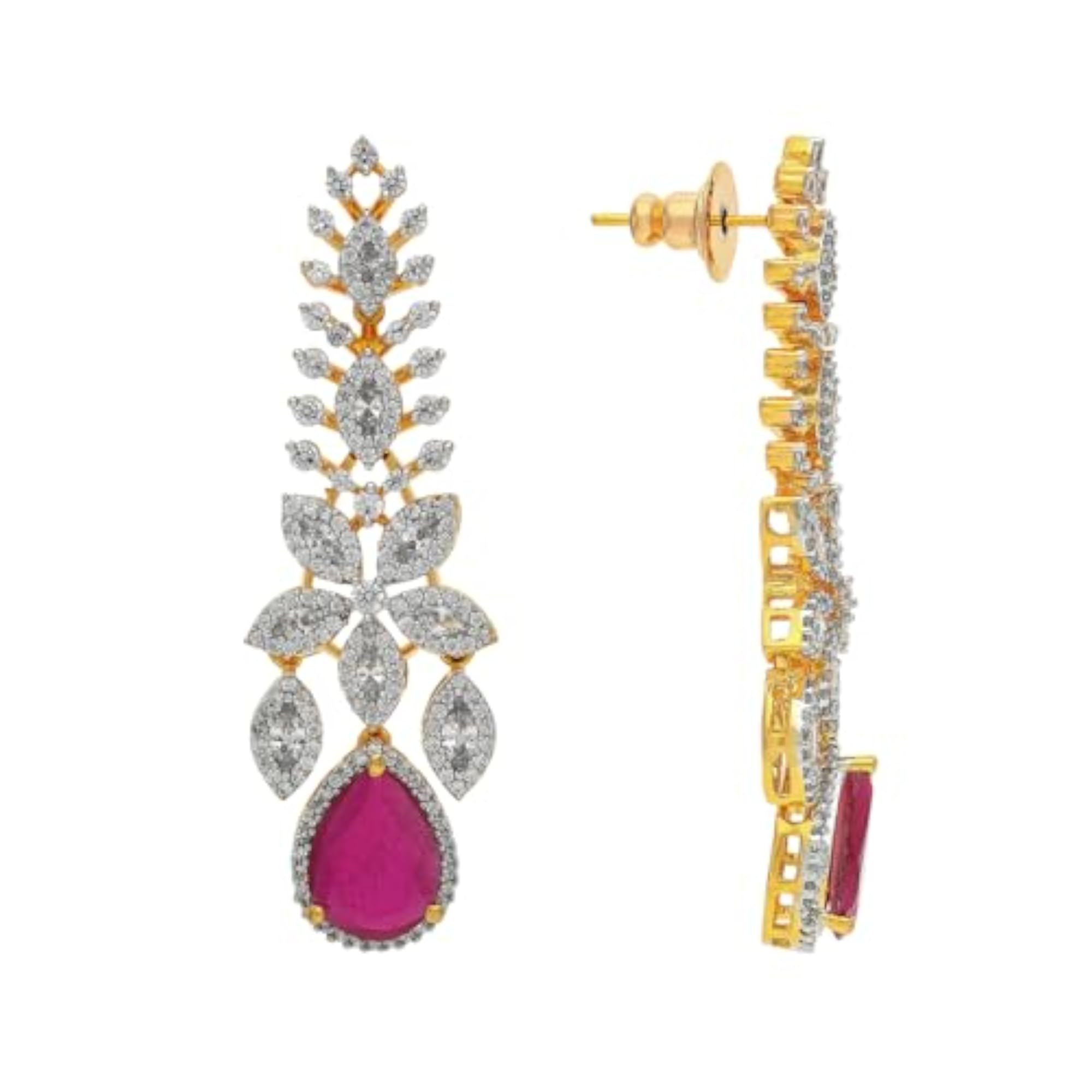Women's Ruby Rodium-Gold Polished Copper Zircon Necklace with Earrings