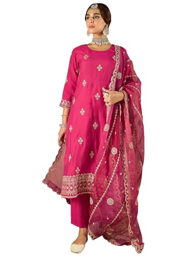 Image of INDO ERA Women's Silk Blend Embroidered Straight Kurta Pant with Dupatta (Iestr6307)