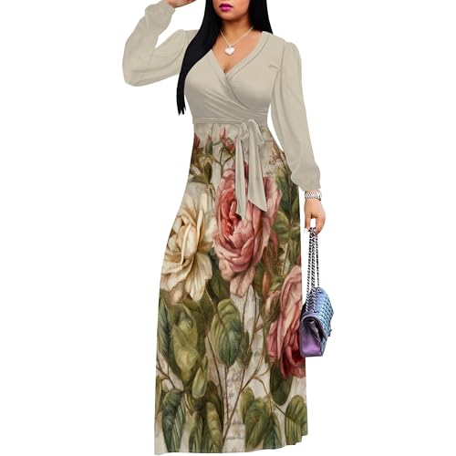 Image of Women's Plus Size Maxi Dresses Long Sleeves V Neck Floral Print Bohemian Swing Long Dress with Belt