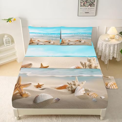Fuyeun Beach Bed Sheets Set Twin Fitted Sheets Coastal Nature Theme Pattern Teal Flat Sheet Boys Girls Hawaiian Top Sheet Starfish Sheet Set 1 Pillowcase cover