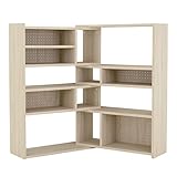 佐藤産業 本棚 オープンシェルフ ラック L字 木製 伸縮 幅90-166.3 奥行29.8 高さ125.7cm オークホワイト 可動棚 LIKE LK120-90SSR IV