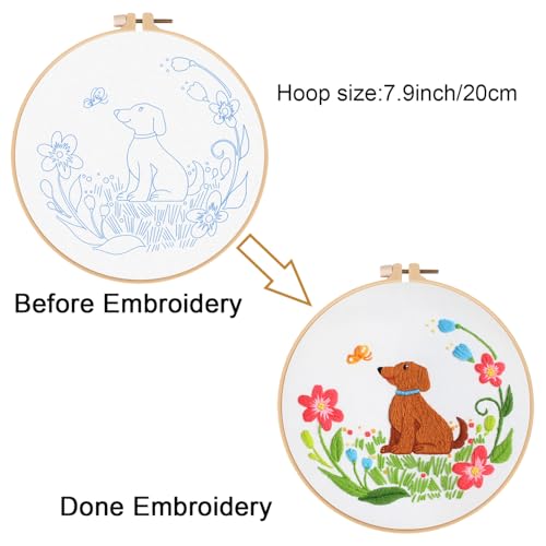 Image of Louise Maelys Dog Embroidery Kits for Beginners with Floral Pattern,Cross Stitch Kit for Adults DIY Needlepoint with Embroidery Instructions