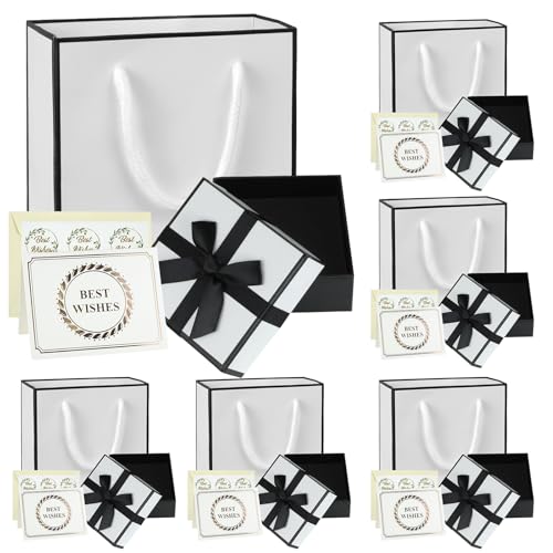 Small Jewellery Gift Boxes for Presents: 6PCS 7.5×7.5×3.5cm Small Gift Boxes with Lids Bow, Gift Bags for Jewellery for Earrings Rings and Necklaces, for Birthdays Christmas (Black and white)
