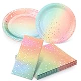 70 Stück Partygeschirr Kindergeburtstag, Pastell Papier Teller Set, Einweg Abendessen Teller Regenbogen Teller und Pastell Servietten, Geburtstag Party Geschirr für Hochzeit Baby Shower