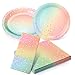70 Stück Partygeschirr Kindergeburtstag, Pastell Papier Teller Set, Einweg Abendessen Teller Regenbogen Teller und Pastell Servietten, Geburtstag Party Geschirr für Hochzeit Baby Shower