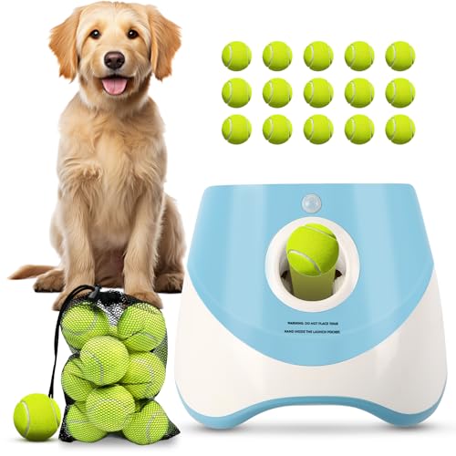 FAHKNS Automatic Dog Ball Launcher for Small Dogs, Indoor/Outdoor Interactive Dog Toy,USB Rechargeable Ball Thrower,10-30 Ft,Includes 15 Mini Tennis Balls,Blue