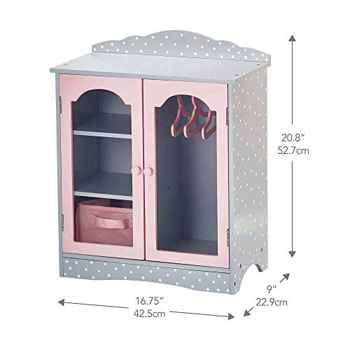 Olivia's Little World Polka Dot Princess Wooden Shaker-Style Double Closet for 18" Doll Wardrobes with Windowed Doors, Three Shelves, Hanging Space with Hangers, Gray/Pink by Olivia's Little World - Image 2