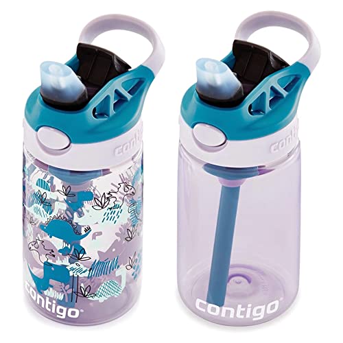 Image of Contigo Kids Straw Water Bottle with AUTOSPOUT Lid, 14oz., 2 Pack, Eggplant & Dinos