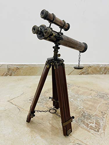 Telescopio náutico artesanal de latón 14" con trípode ajustable de madera miniatura 7