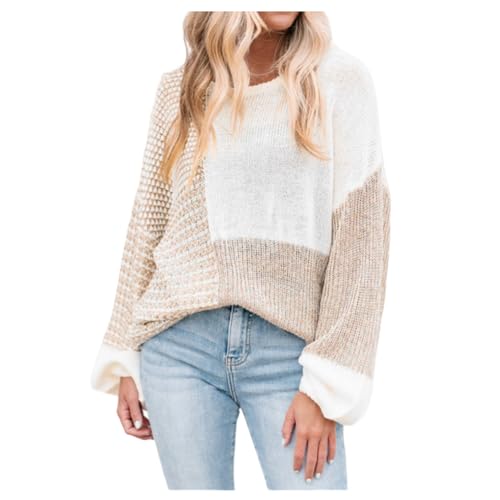 Women's Casual Hollow Round Neck Block Color Knit Sweater Blouse Autumn Patchwork Sweatshirt Pullover Top