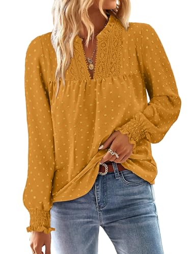 BETTE BOUTIK Women Boho Long Sleeve Shirts Dressy Casual V Neck Fall Fashion Tops Swiss Dot Flowy Blouses