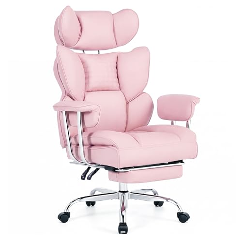 Image of Big and Tall Office Chair 400 LBS, Scratch-Resistant PU Leather Executive Ergonomic Desk Chair with Footrest, Lumbar Support, Wide Reclining Computer Seat for Home Office, Pink