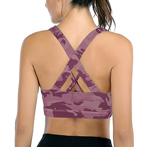 Image of Sports Bras for Women High Impact Support for Yoga Gym Running Workout Fitness Strappy Sports Bra with Padded Removable Cups, Purple Leopard, Large