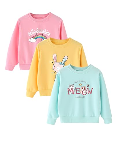 3-Pack Girls Long Sleeve T-Shirt for Fall,Soft Cotton Toddler Top,Cute Graphic Tee for Kids (2-12Y)