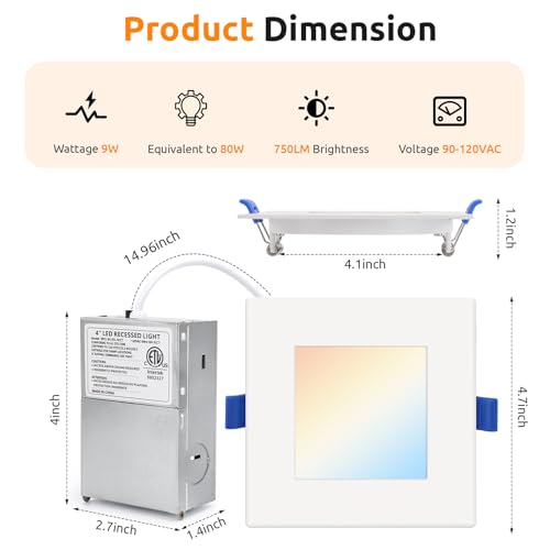 HONZIN Square LED Recessed Lighting 4 Inch, 5CCT Ultra Thin Led Recessed Ceiling Lights 6 Pack, Selectable 2700K/3000K/3500K/4000K/5000K, 9W, IC Rated, Dimmable Square White Trim with Junction Box by HONZIN - Image 6