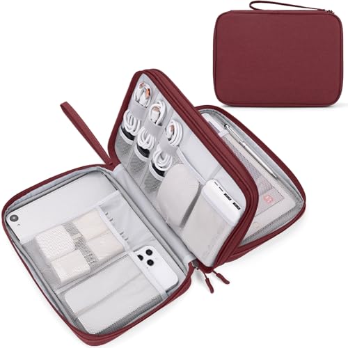 FYY Electronic Organizer, Extra Large Travel Cable Organizer Bag Pouch Portable Waterproof Double Layers All-in-One Storage Bag for iPad, Cable, Power Bank, Laptop Charger for Office/Home, Wine Red