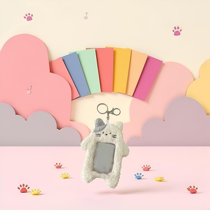 1Pc White Cartoon Plush Photocard Holder with Keychain Pendant Kawaii Cat Cute Card Sleeve Student Card and ID Cases Medium Size, Lightweight and Portable Women's Card Cases