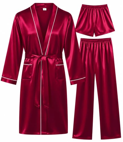Image of SWOMOG Mens 3 PCS Satin Robe with Pants & Shorts Set Kimono Bathrobe Long Sleeve Sleepwear Pjs Sets with Pockets