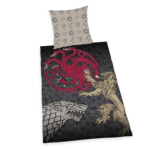 Herding Parure de lit Game of Thrones, Housse de Coussin env. 80x80 cm, Housse de Couette env. 135x200 cm, avec Fermeture éclair de marque facile, 100% coton,...