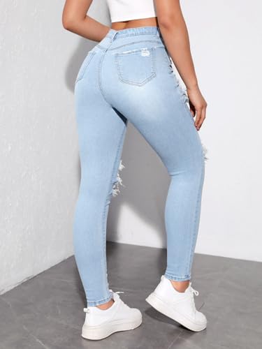 MakeMeChic Women's Ripped Skinny Jeans Casual High Waisted Distressed Stretch Denim Pants2