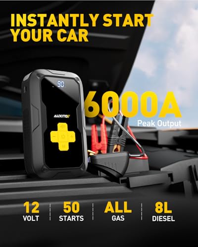 Image of Jump Starter with Air Compressor, AUXITO 6000A Portable Car Jumper, 150PSI Digital Tire Inflator, 12V Jump Box for All Gas /8L Diesel Engine, Power Bank with Type-C Quick Charger, 400LM Emergency Light