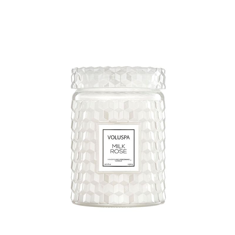 Voluspa Milk Rose, Large Candle Jar, 18 Ounce, 100 Hour Burn Time, Coconut Wax for Clean Burning, Handcrafted in the USA