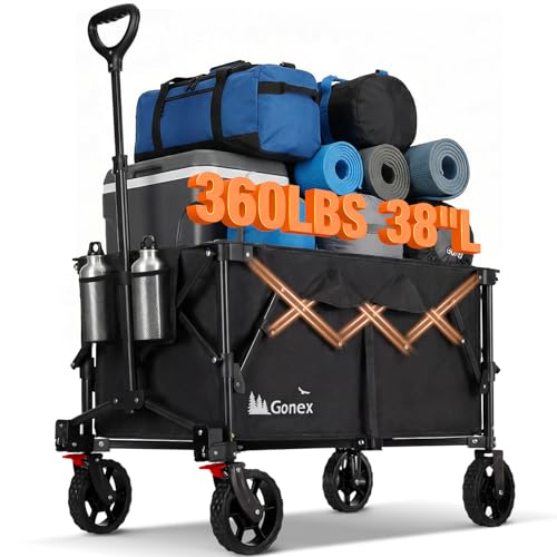 Gonex 38''L Collapsible Foldable Wagon Cart with 360lbs Weight Capacity,220L Folding Utility Garden Cart with Detachable Wheels for Grocery Sports Shopping Camping - Black by Gonex - Used condition - US$59.39