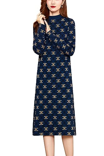 LAI MENG FIVE CATS Women's Fall Casual Long Sleeve Knitted Stretch Pullover Sweater Elegant Midi Dress