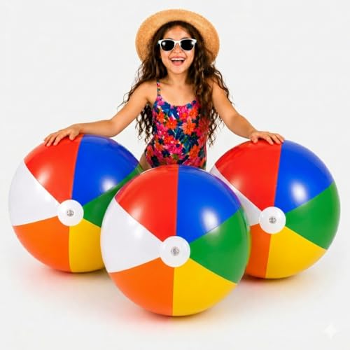 4E's Novelty Beach Balls [3 Pack] 20" Inflatable Beach Balls for Kids - Pool Games Toys for Kids & Toddlers, Classic Rainbow Color, Easter Outdoor Yard Games