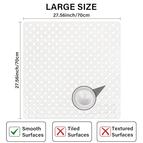 Darhoo Square Shower Mat Non Slip, 27" x 27" Large Shower Mats for Inside Shower, Soft TPE Shower Floor Mat with Suction Cups and Big Drain Holes, Anti Slip Shower Stall Matt, White by Darhoo - Image 2