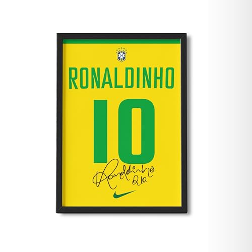Image of Posternet Ronaldinho Inspired Football Jersey Frame Poster | Brazil No. 10 Yellow Green Sports Wall Art | Premium A4 Framed Poster for Bedroom, Living Room, Office, Gym | Football Fan Gift & Room Decor (8.3 x 11.7 Inch)