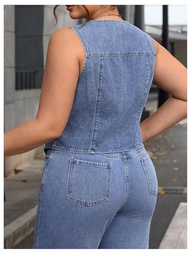 WDIRARA Women's Plus Size V Neck Vest Denim Jacket Button Down Sleeveless Jean Waistcoat3