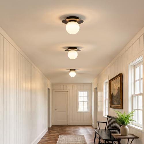 Image of Mid-Century Wall Sconces Ceiling Light Fixture,Black 2 Pack | Modern Globe Sconces Indoor Hardwired Wall Lights for Hallway Office Porch Bedroom Living Room Stairway