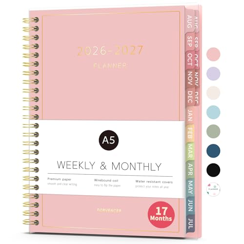 Aug 2026 - Dec 2027 Planner, Forvencer 17 Month Academic Planner 2026-2027, 6.3" x 8.4", Calendar Planner Weekly and Monthly, Daily Agenda Book, College School Supplies for Student Teacher, A5, Pink